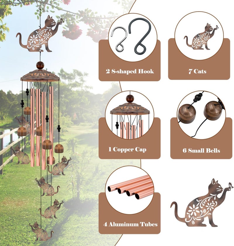 Howarmer Cat Wind Chimes for Outside, 35'' Metal Cat WindChimes Gifts for Women/Men, Decoration for Outdoor, Home, Garden, Patio, Backyard - Image 3